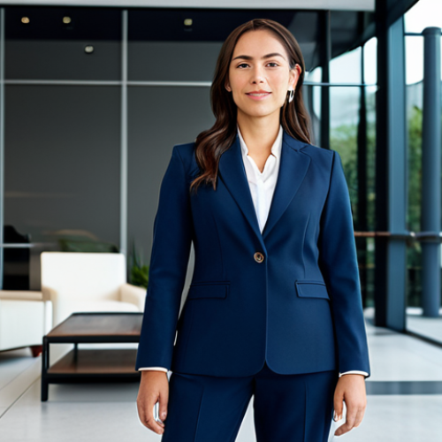 **

A professional woman in a modest, dark blue business suit, standing confidently in a modern office lobby with glass walls and contemporary furniture, fully clothed, appropriate attire, safe for work, perfect anatomy, correct proportions, professional corporate photography, high quality.

**