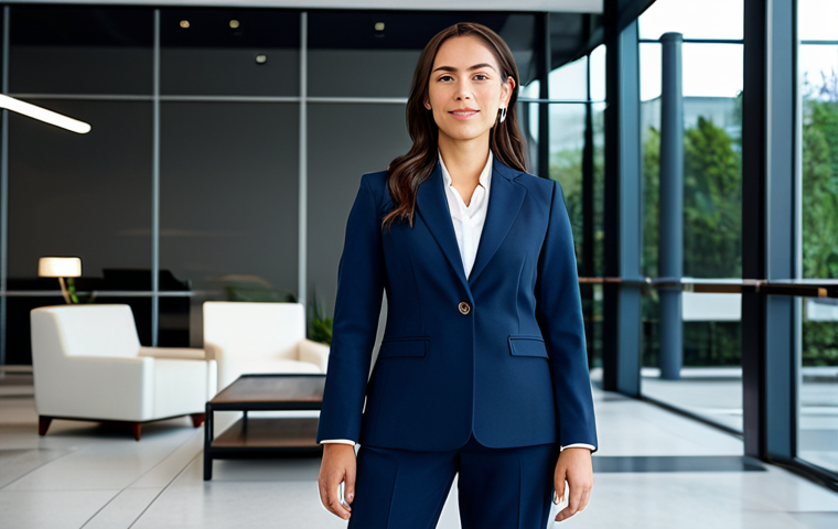 **
A professional woman in a modest, dark blue business suit, standing confidently in a modern office lobby with glass walls and contemporary furniture, fully clothed, appropriate attire, safe for work, perfect anatomy, correct proportions, professional corporate photography, high quality.
**